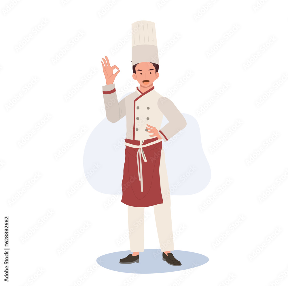 Full Length Smiling, Male Chef Character Giving Ok Hand Sign. chef Giving Approval Gesture. Flat vector cartoon illustration Full Length Smiling, Male Chef Character Giving Ok Hand Sign. chef Giving Approval Gesture. Flat vector cartoon illustration
