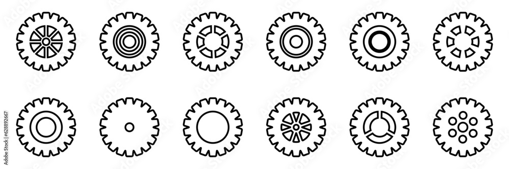 Gears icon set. Setting gears icon. Collection of mechanical outline cogwheels. Simple Gear wheel collection. Gear icons silhouette. Vector illustration with cogwheels sign set on white background. Gears icon set. Setting gears icon. Collection of mechanical outline cogwheels. Simple Gear wheel collection. Gear icons silhouette. Vector illustration with cogwheels sign set on white background.