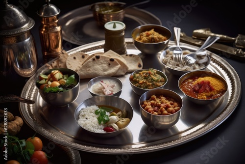 A Variety of Indian Foods Served on a Silver Platter