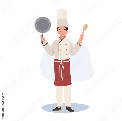 Full Length of Chef Illustration. Male Chef  in Chef Hat Holding Pan and Turner. Flat vector cartoon illustration