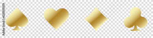 Set of collection gambling gold sign symbol of playing card suits and chip or token for web site or mobile app about poker and casino. Hearts, clubs, diamonds and spades on an transparent background.