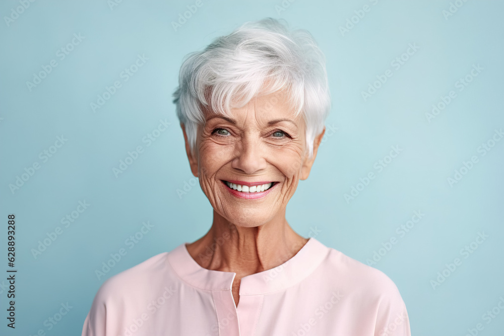 Beautiful elderly woman with gray hair smiling at the camera. Happy old age concept Beautiful elderly woman with gray hair smiling at the camera. Happy old age concept