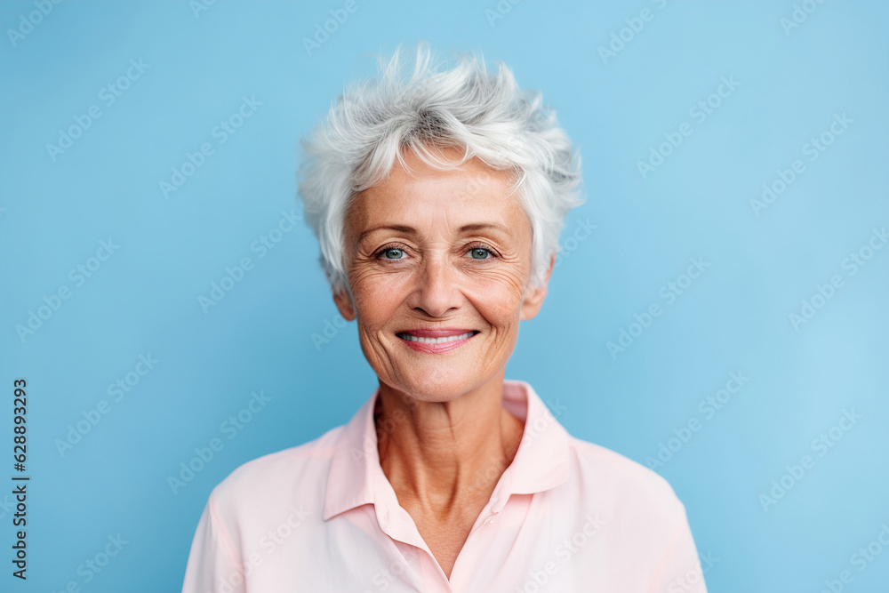 Beautiful elderly woman with gray hair smiling at the camera. Happy old age concept Beautiful elderly woman with gray hair smiling at the camera. Happy old age concept