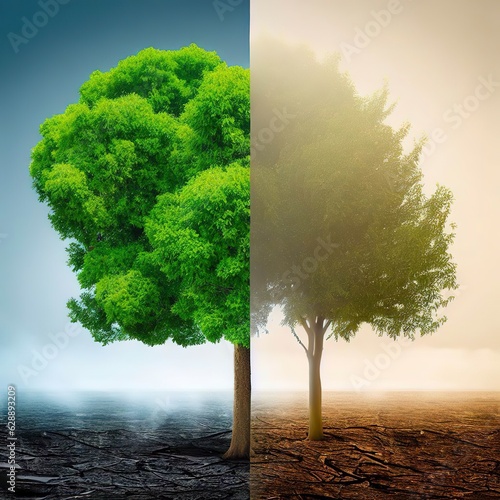 tree in two with very different environments Earth Day or World Environment Day Global Warming and Pollution