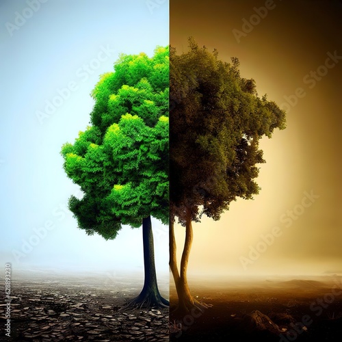 tree in two  with very different environments Earth Day or World Environment Day Global Warming and Pollution