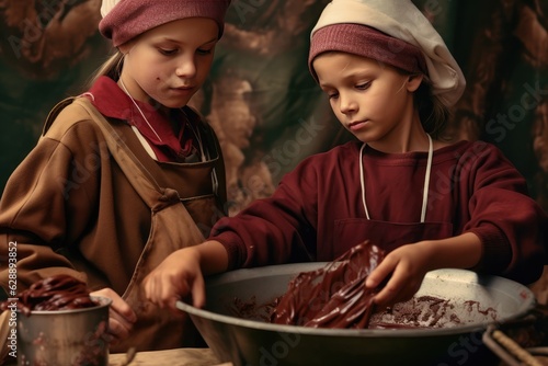 Two Young Children Making Chocolate Cake Together Fictional Character Created By Generative AI