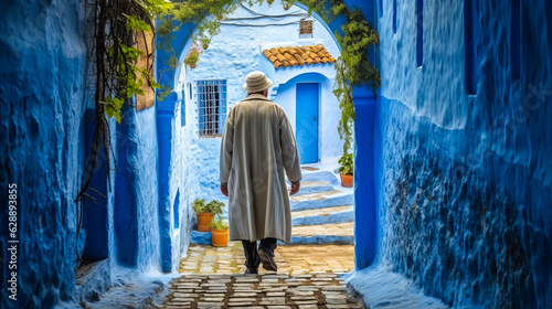 Enchanting view of Chefchaouen, with craftsman in cobalt-blue djellaba walking down the cobbled street amidst striking blue structures, embodying Moroccan charm. Generative AI photo
