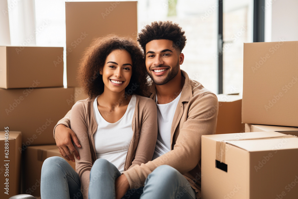 Couple moving into their new house unpacking boxes Couple moving into their new house unpacking boxes