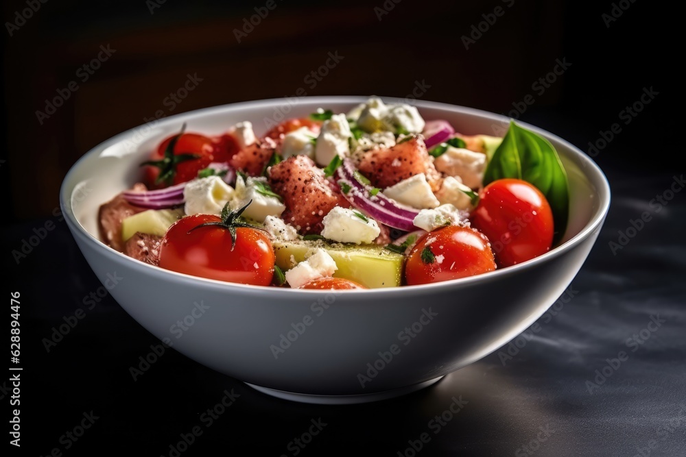 Fresh Greek salad served in a bowl Created By Generated AI. Fresh Greek salad served in a bowl Created By Generated AI.