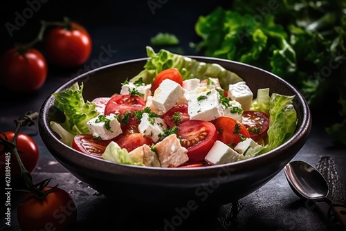 Fresh Garden Salad with Tomatoes, Cheese, and Lettuce Created By Generated AI.