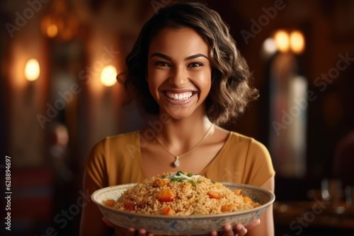 A Young  Smiling Woman Presents a Large Serving of Rice Fictional Character Created By Generative AI
