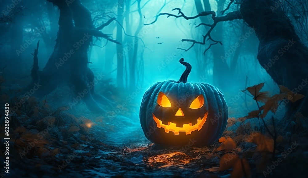 Naklejka premium Halloween background with pumpkin lantern in spooky forest, generative ai