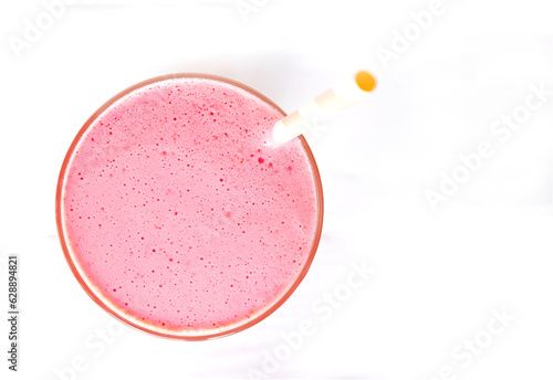 Strawberry yogurt fruit juice smoothie pink colorful fruit juice milkshake blend beverage healthy high protein the taste yummy In glass drink episode morning on white wood background.