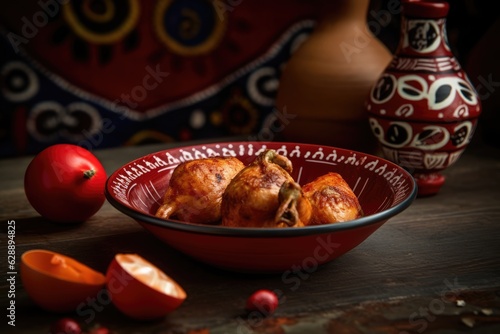 A delicious meal with juicy tomatoes and appetising chicken in a colorful bowl. Created By Generated AI.