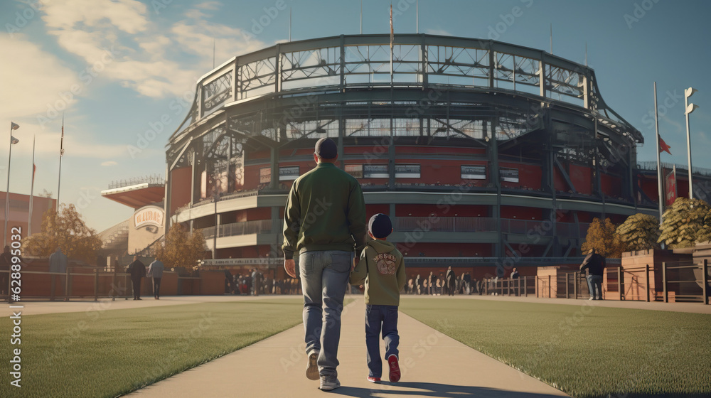 Father and Son Walking Into Baseball Stadium. Large Building