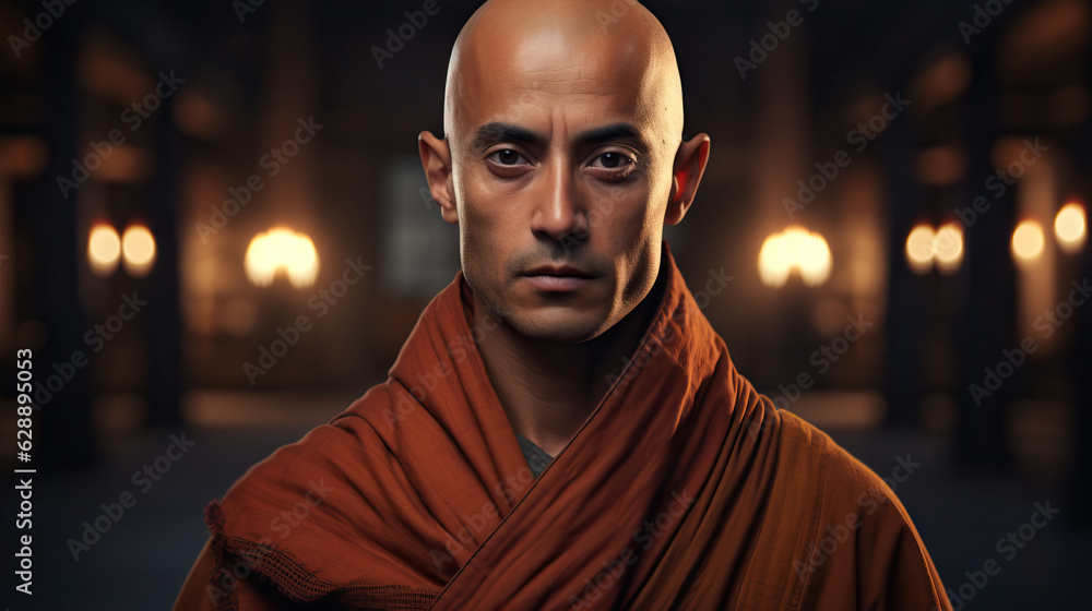 Traditional Buddhist Monk Older Man. Standing in Temple Monastery.. Serious Look Centered Portrait. Concept of Religion, Robes, and Praying.