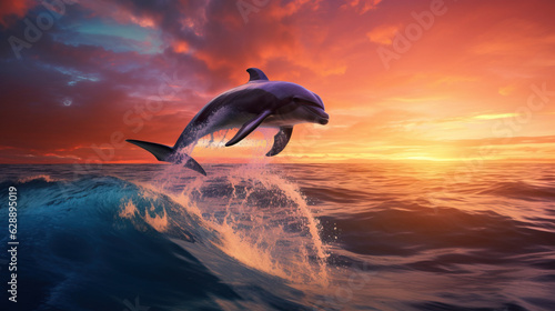 Dolphin Jumping Out of the Water. Warm Sunset Glow. Ocean Horizon. Sunset. Concept of Animal  Splash  Stunt  and Mammal.