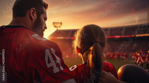 Father and Daughter at Football Game in Stadium. Sitting in the Stands Watching the Players. Concept of Sports, Bonding, Love, Hug, Field, and Small Moments.