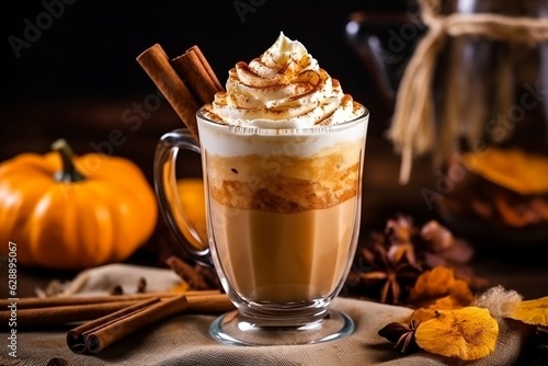 Pumpkin latte, spicy autumn drink with whipped cream, generative ai