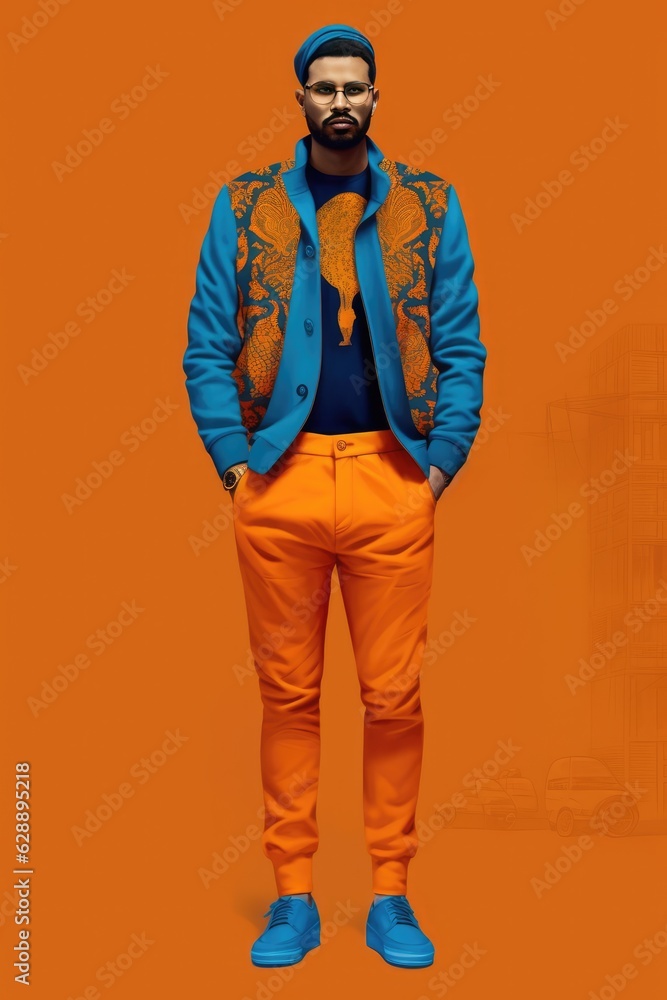 Eccentric Fashionista in Orange and Blue Fictional Character Created By Generative AI