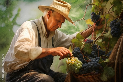 A Man Picking Grapes in the Vineyard Fictional Character Created By Generative AI