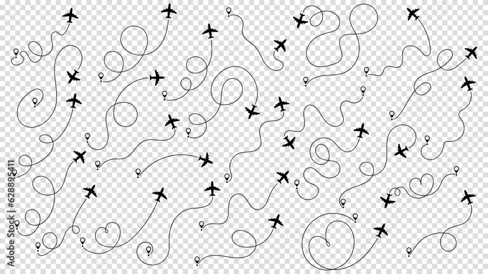 Travel concept from start point and dotted line tracing. Airplane or aeroplane routes path set. Aircraft tracking, plane path, travel, map pins, location pins. Vector illustration. Transparent bg. Travel concept from start point and dotted line tracing. Airplane or aeroplane routes path set. Aircraft tracking, plane path, travel, map pins, location pins. Vector illustration. Transparent bg.