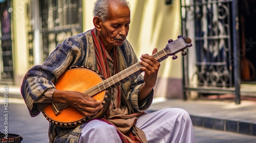 Enthralling depiction of a man engrossed in playing traditional Moroccan music amidst the vibrant city life of Casablanca, capturing culture and authenticity. Generative AI