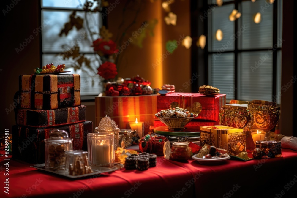 Christmas Dinner Table with Red Cloth and Various Food and Gifts