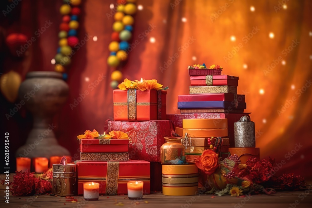 Festive holiday arrangement with a pile of gift boxes and candles Festive holiday arrangement with a pile of gift boxes and candles