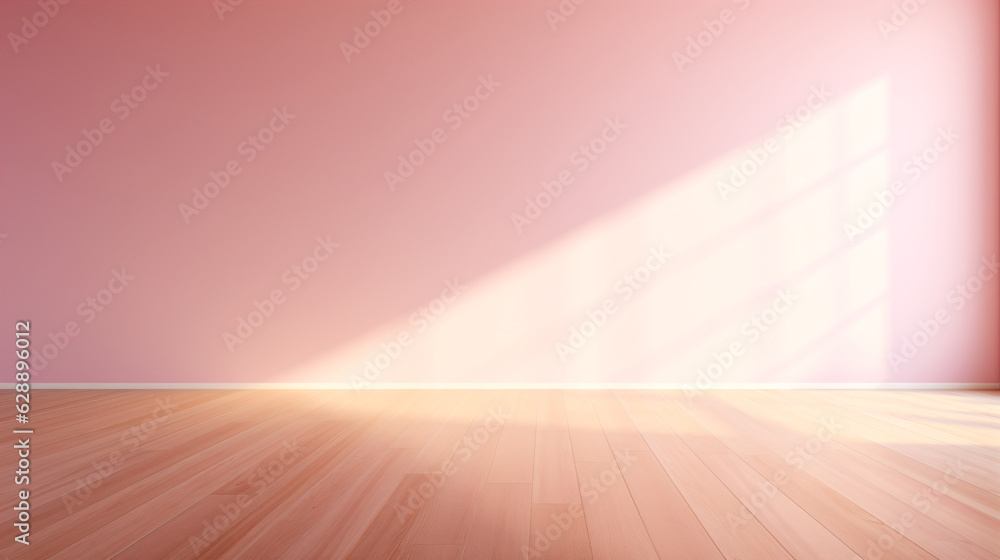 Empty room with a pink wall and wooden floor, lit by natural light coming from a window on the right side of the image. Empty room with a pink wall and wooden floor, lit by natural light coming from a window on the right side of the image.
