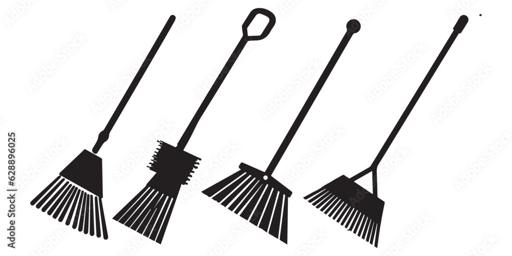 Different types of broom designs for house sweeping silhouette vector