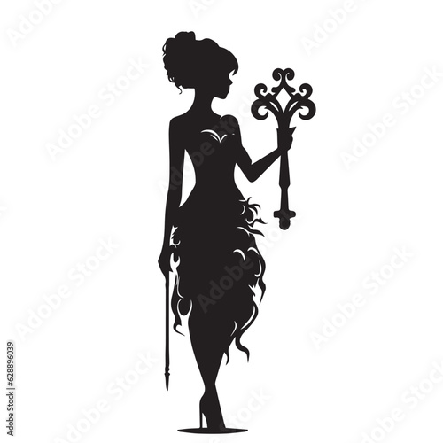 A cute Girl standing with a key for unlocking your mind silhouette vector illustration