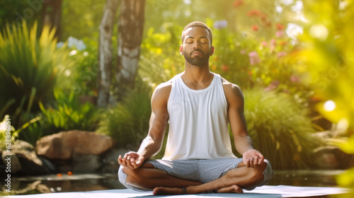 Captivating scene of a young man demonstrating balance and serenity in a yoga pose, embodying wellness, mindfulness, and tranquility for a healthy lifestyle. Generative AI