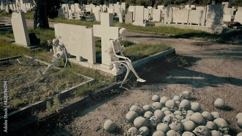 Skeletons in a Graveyard Halloween Theme (ID: 628896094)