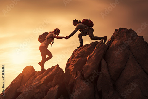 A man holds out a helping hand to a woman while climbing to a rock. Team Success Concept. Generative AI