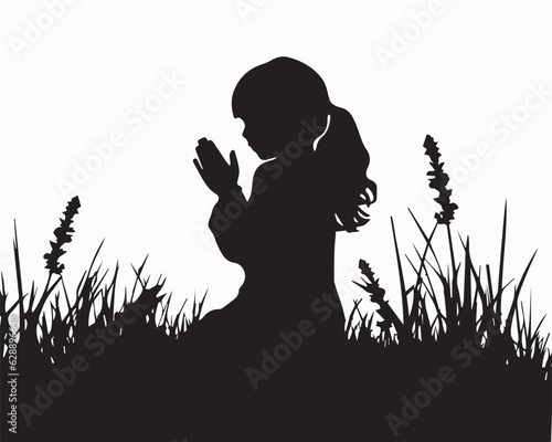 A little girl is praying to God with both hands raised ‍silhouette vector illustration