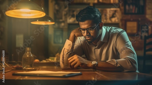 A Man with Glasses Deep in Thought at a Bar Fictional Character Created By Generative AI