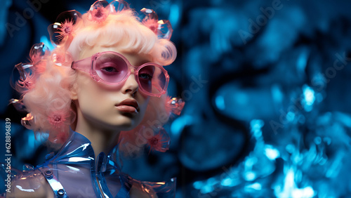 Hübsche Frau im futuristischen Manga Stil rosa mit spezieller Brille, ai generativ