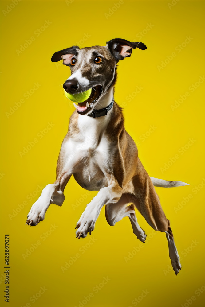 dog leaping to catch tennis ball isolated on yellow studio background