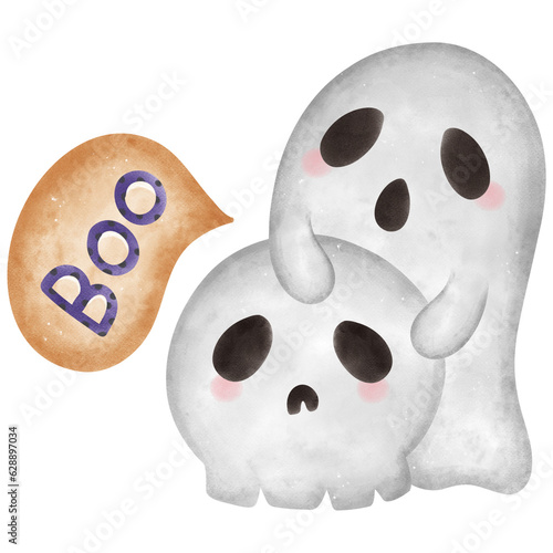 Cute Halloween Watercolor Cartoon Ghost..