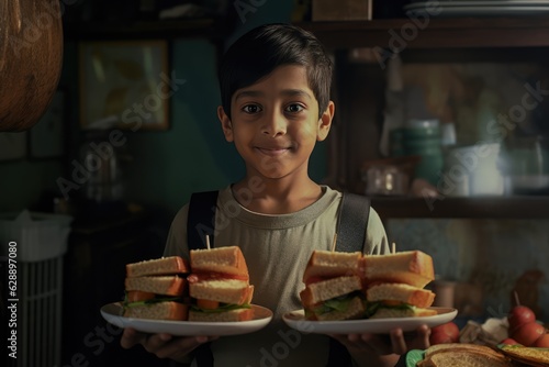 A young boy holding two plates of sandwiches Fictional Character Created By Generative AI