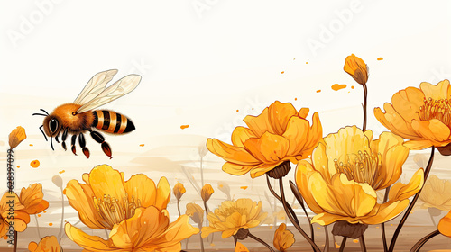 Creative illustration of a bee collecting nectar from yellow flowers. Generative AI