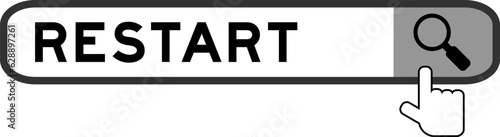 Search banner in word restart with hand over magnifier icon on white background