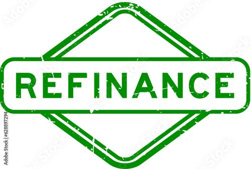 Grunge green refinance word rubber seal stamp on white background