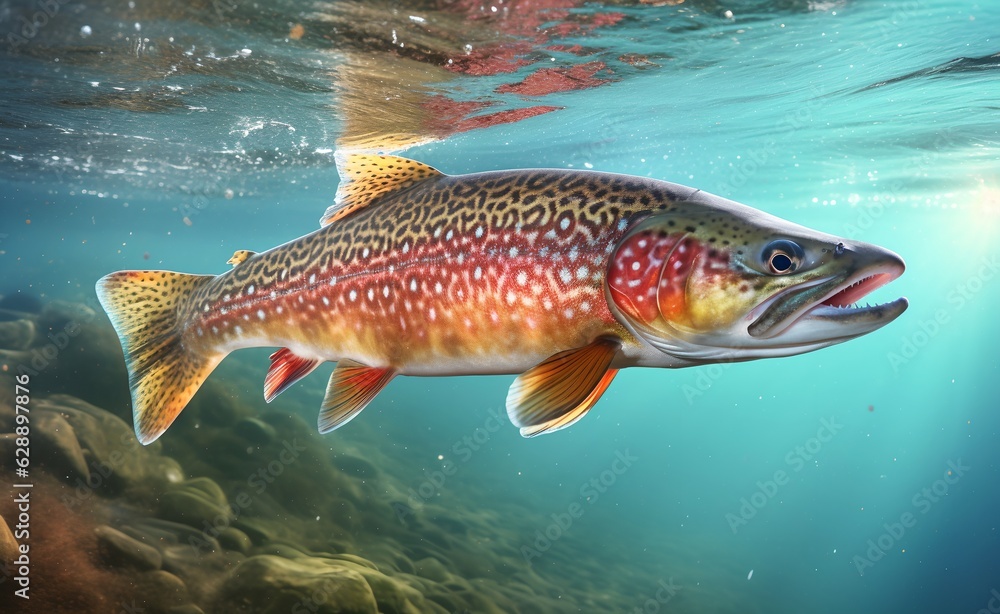 Fish swims underwater, close-up, clear river or lake water with fish, perfect fishing spot, generative ai Fish swims underwater, close-up, clear river or lake water with fish, perfect fishing spot, generative ai