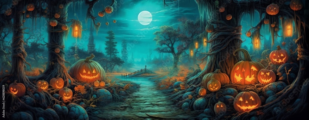 Halloween background with spooky pumpkin lanterns, generative ai Halloween background with spooky pumpkin lanterns, generative ai