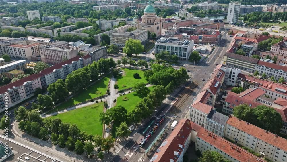 Aerial Drone shot of City-center park ( Platz der Einheit ) , Potsdam , Germany Aerial Drone shot of City-center park ( Platz der Einheit ) , Potsdam , Germany