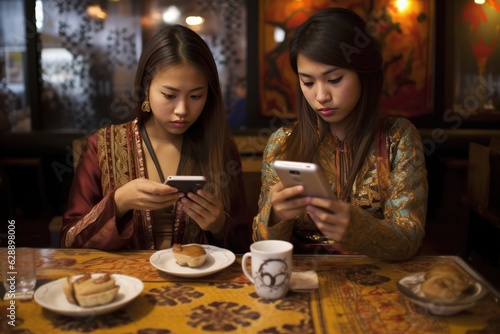 Two women enjoying pastries and coffee while using their smartphones at a table Fictional Character Created By Generative AI