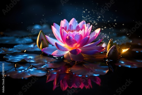 Beautiful pink water lily or lotus flower on dark background.Generative Ai © Rudsaphon