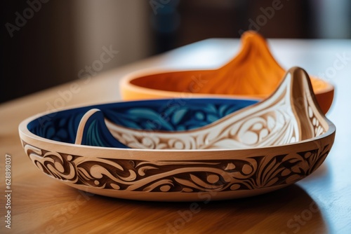 Artistic wooden bowls with painted designs on a wooden table